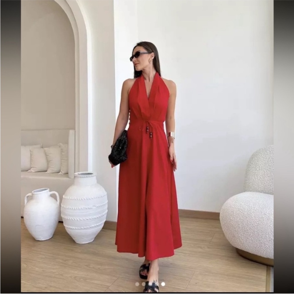 Zara red linen midi dress EUC - Picture 2 of 4